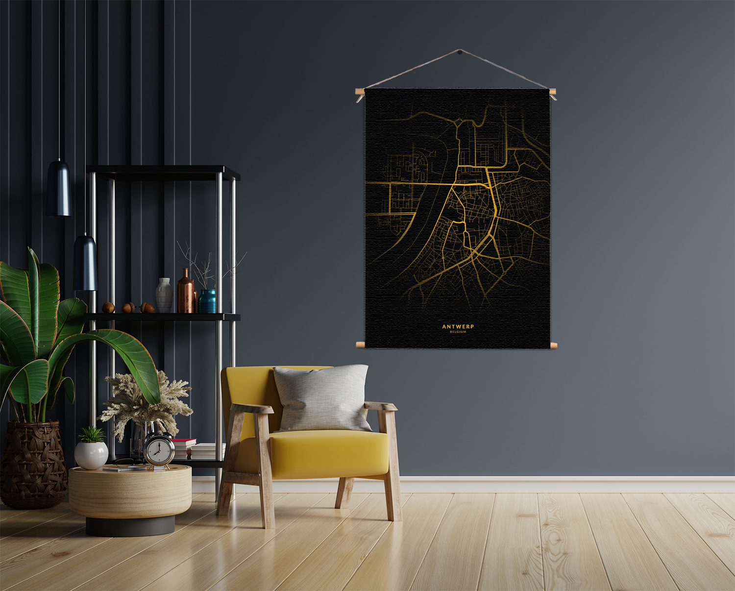 Textielposter Antwerp Antwerpen Plattegrond Zwart Geel