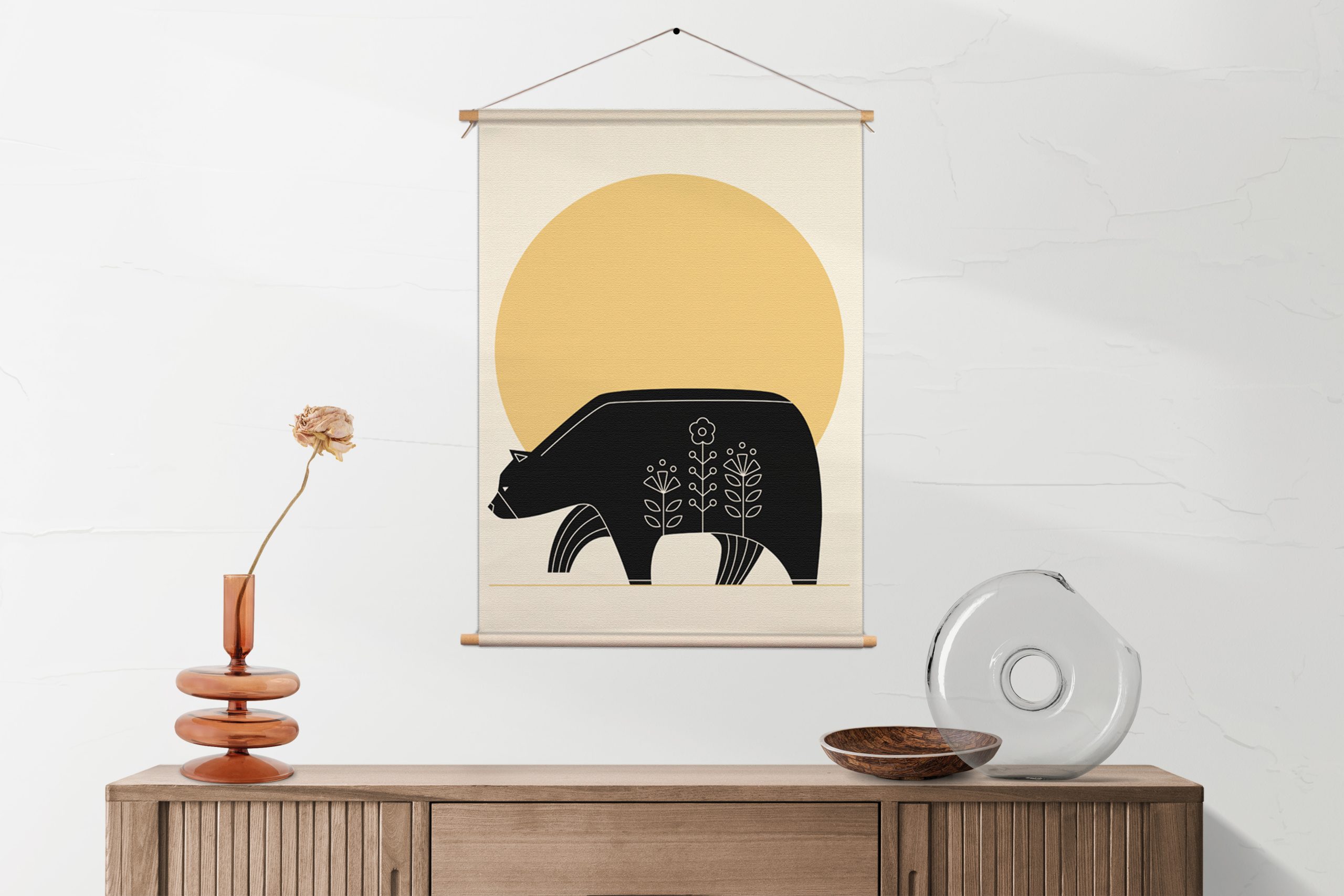 Textielposter Abstact beer met zonsondergang