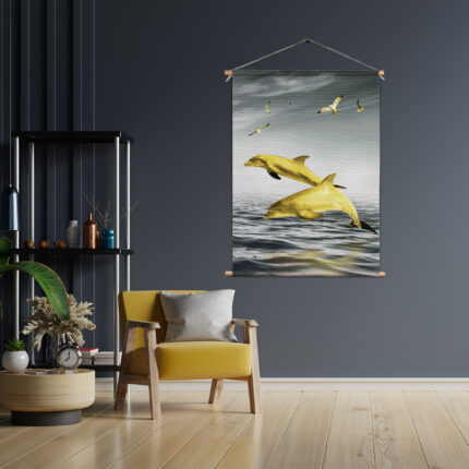 Textielposter Springende Dolfijnen Goud 01