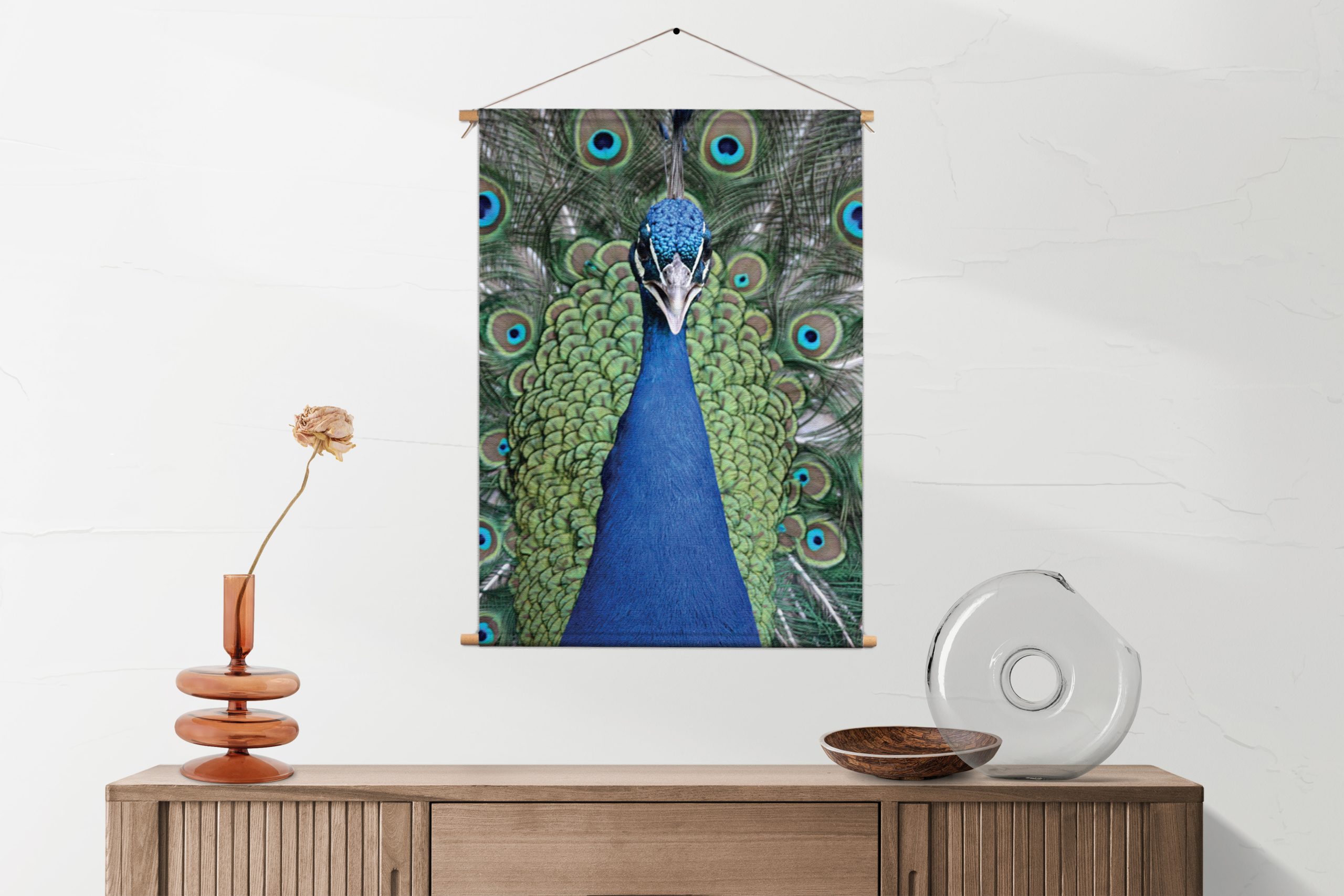 Textielposter Blauwe Pauw Met Groene Verem