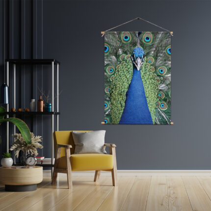 Textielposter Blauwe Pauw Met Groene Verem