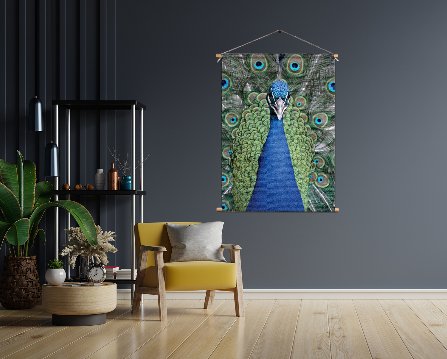 Textielposter Blauwe Pauw Met Groene Verem