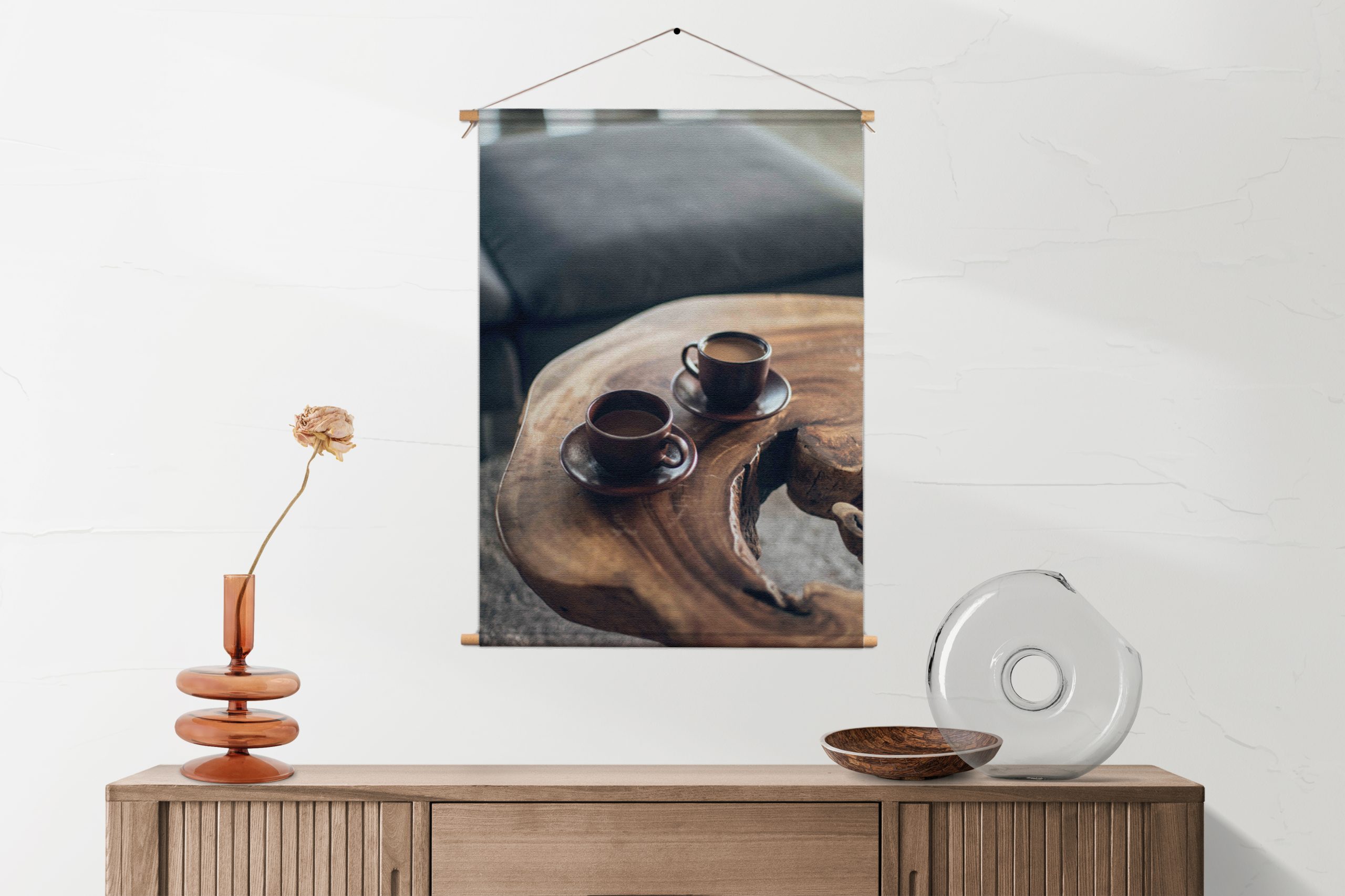 Textielposter Kopjes Koffie op Tafel