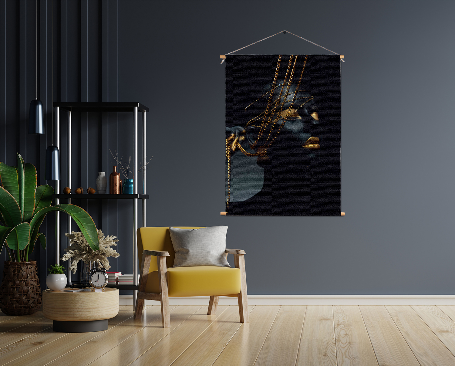 Textielposter Black Whoman With Gold Orange