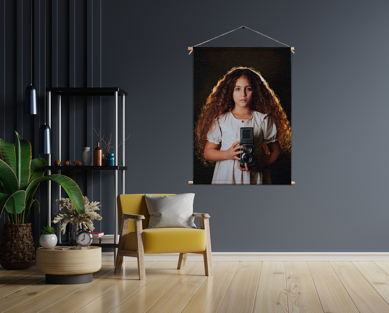 Textielposter Mooi Jong Meisje Met Camera