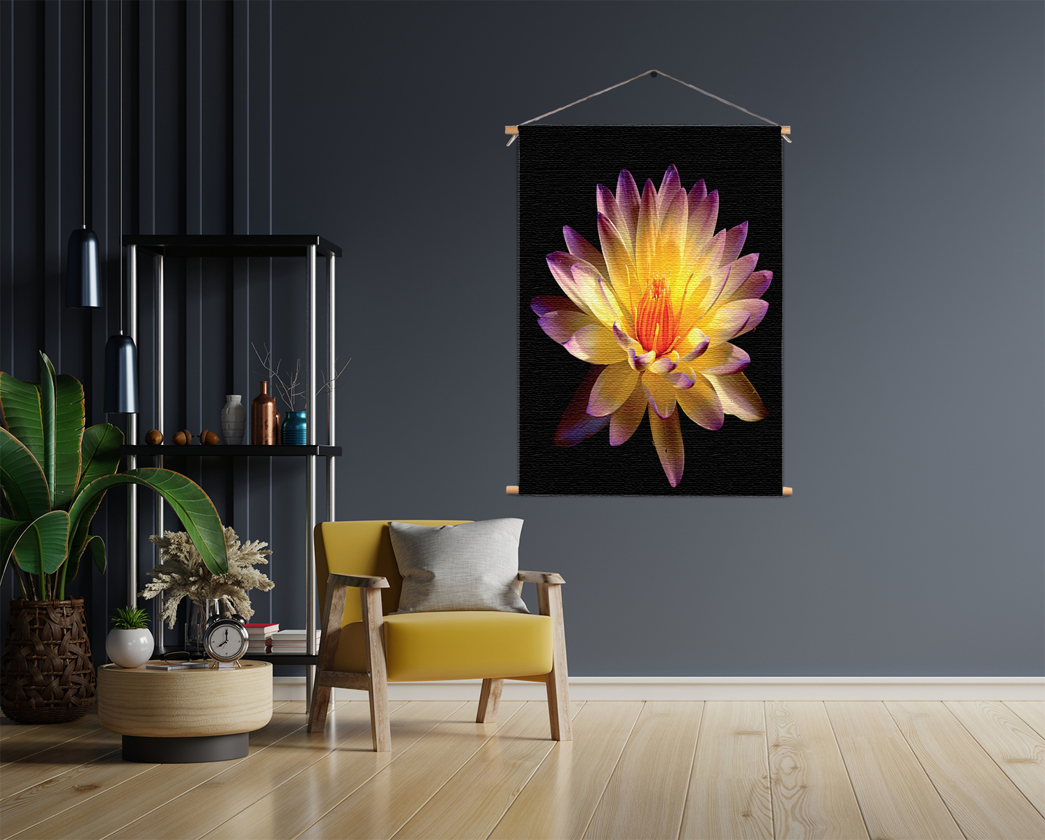 Template_50-70_verticaal_natuur_60 Textielposter Paarse Gele Dahlia