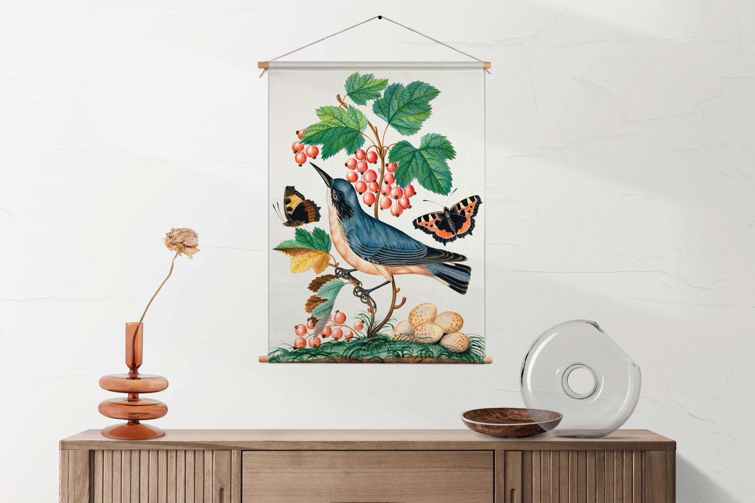 Textielposter Prent Natuur Vogel en Bloemen 10