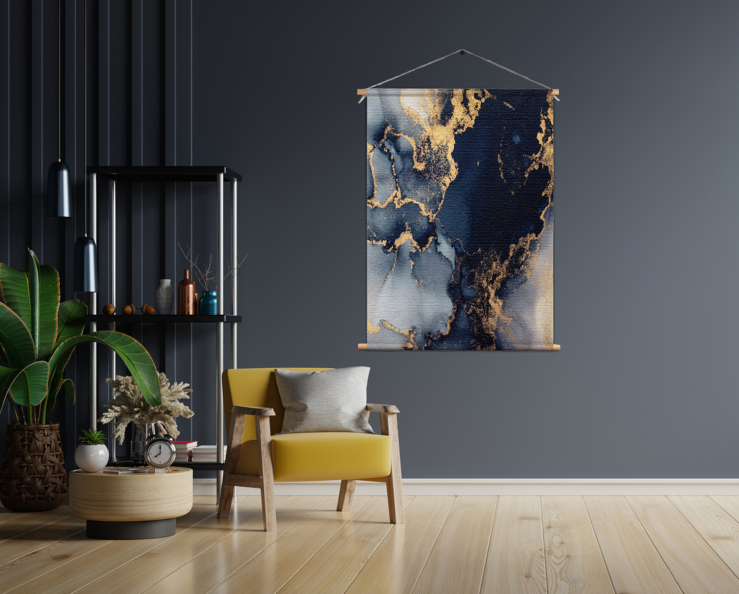 Textielposter Marmer Look Chique Donker Blauwtinten met Goud 02