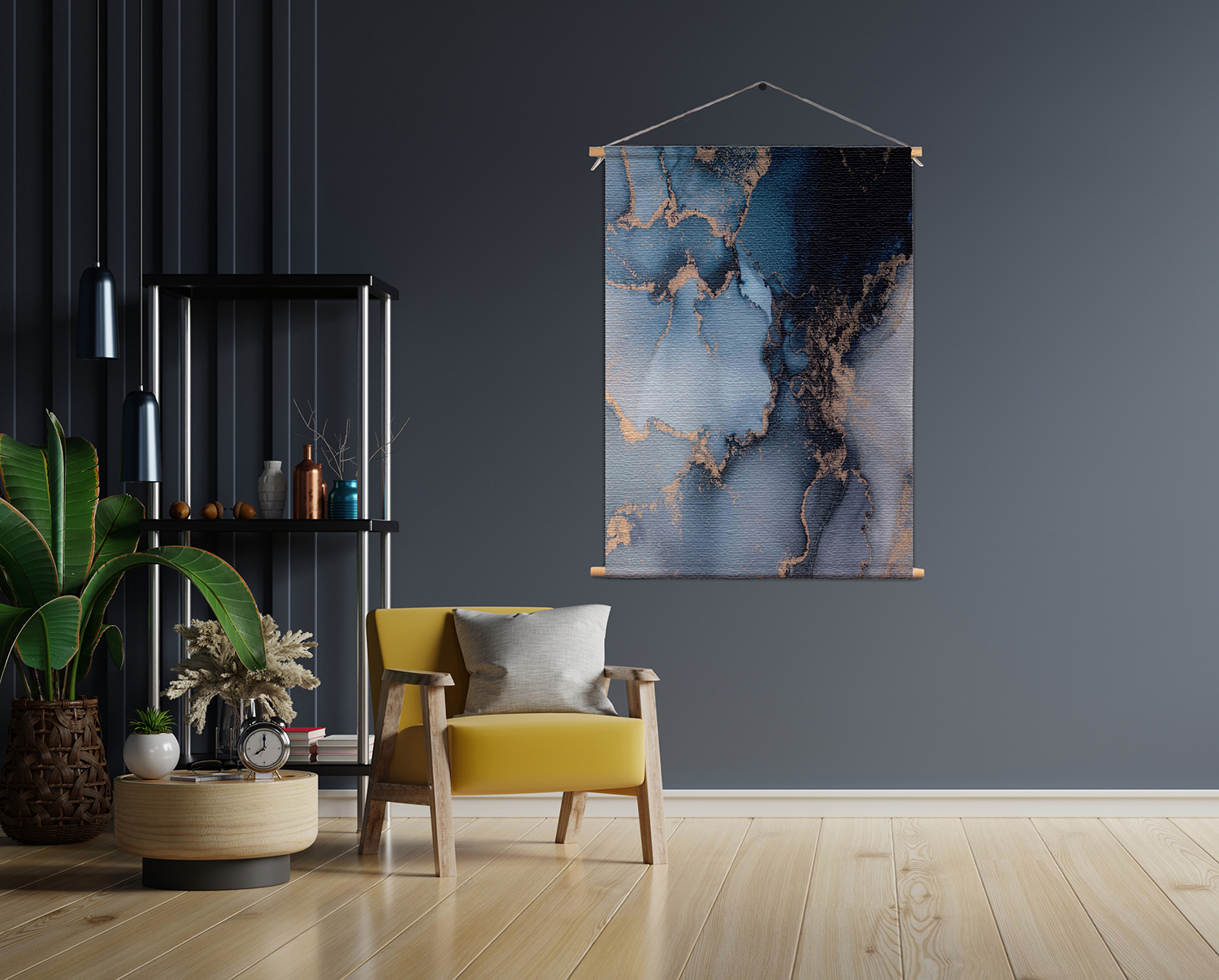 Textielposter Marmer Look Chique Donker Blauwtinten met Goud 03