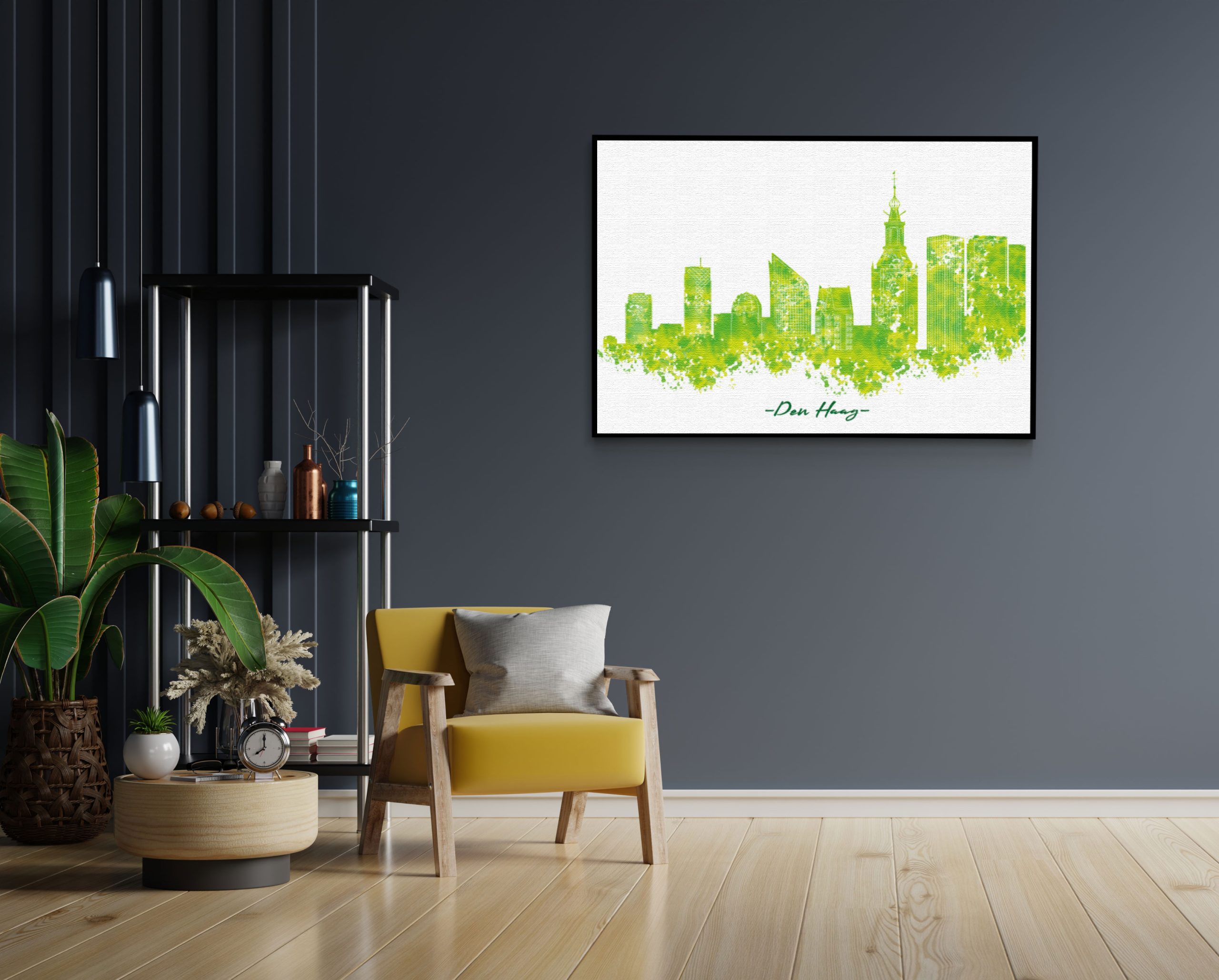 Akoestisch Schilderij Skyline Den Haag Watercolor Paint Rechthoek Horizontaal Denhaang Horizontaal scaled 1