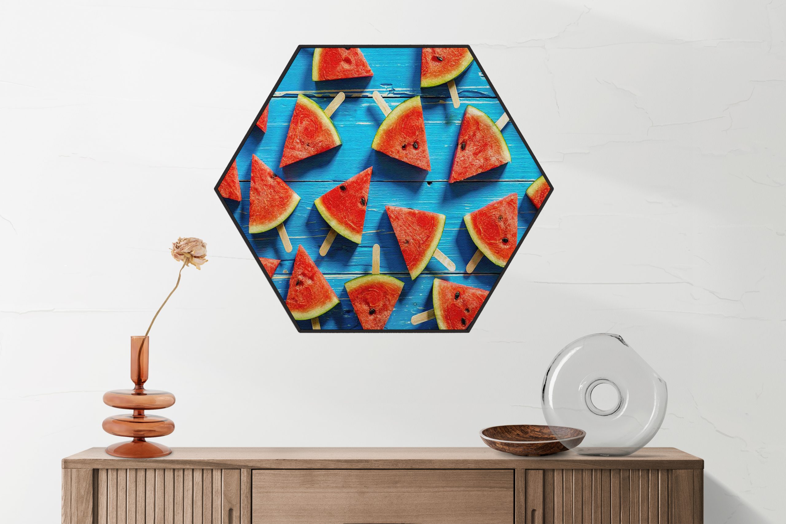 Akoestisch Schilderij Watermeloen Ijsjes Hexagon Eten Drinken 39 scaled 1