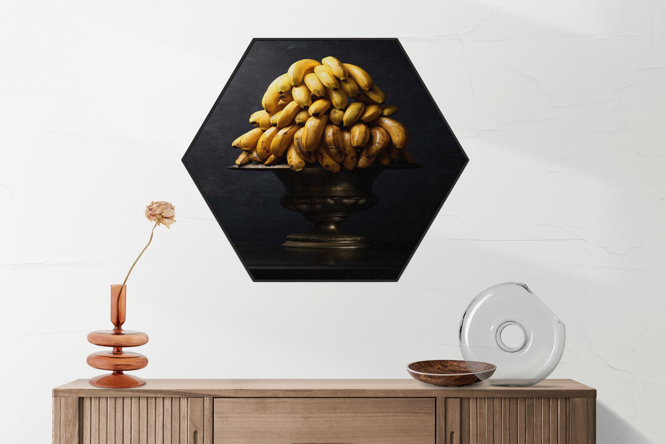 Akoestisch Schilderij Tros Bananen Schaal Hexagon Eten Drinken 73 scaled 1