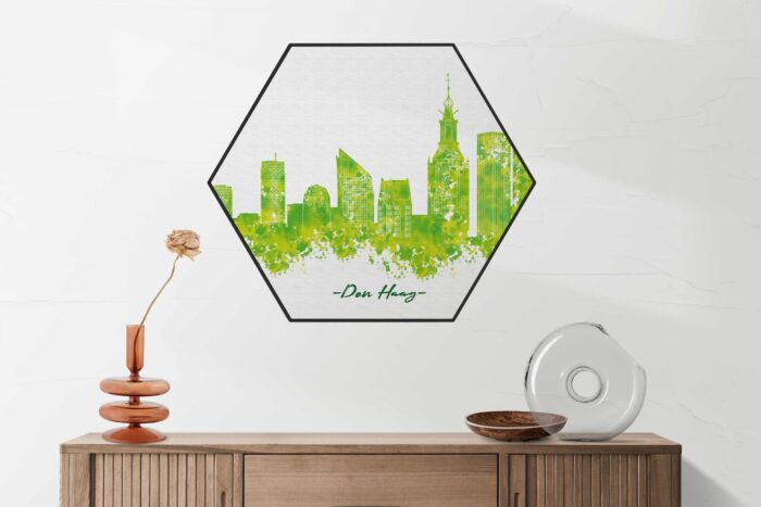 Akoestisch Schilderij Skyline Den Haag Watercolor Paint Hexagon HEXAGON 5 DH scaled 1