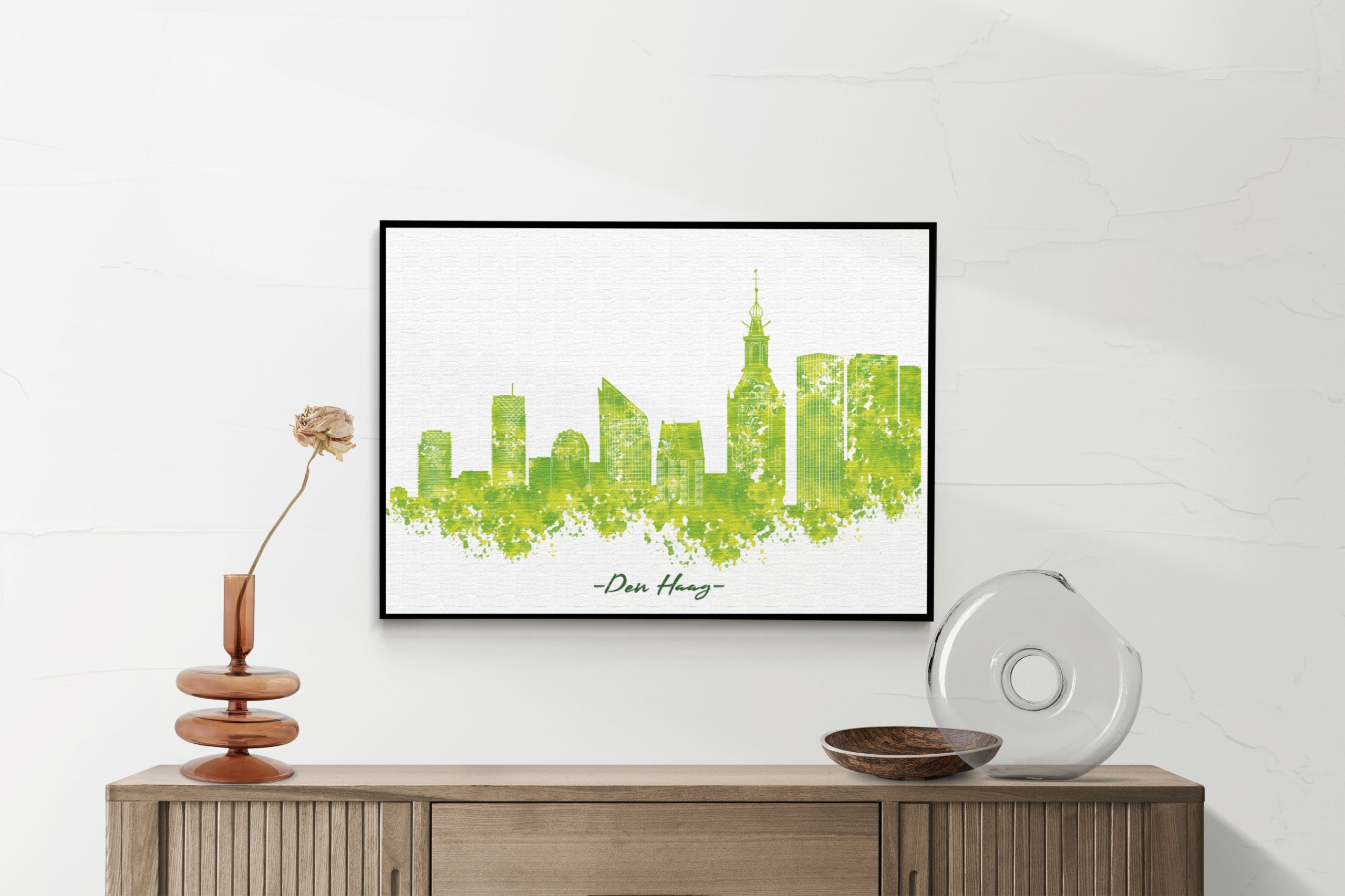 Akoestisch Schilderij Skyline Den Haag Watercolor Paint Rechthoek Horizontaal Horizontaal scaled 1