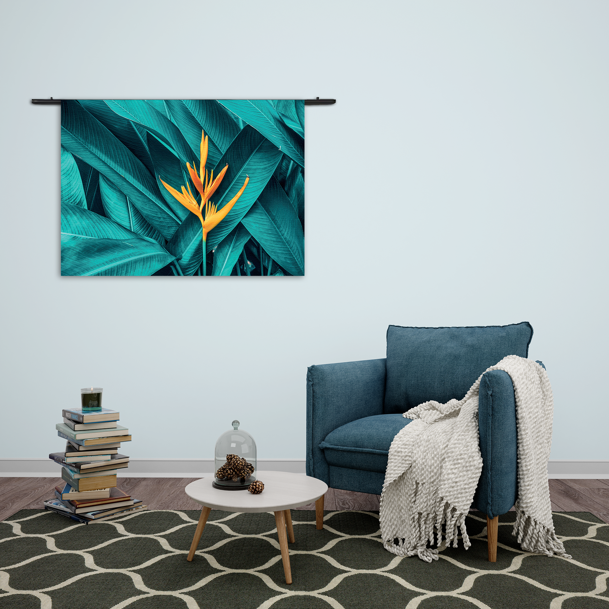 Wandkleed Gele bloem in een blauw bladerdeken Rechthoek Horizontaal Template 50 70 Horizontaal Natuur 91 2 1