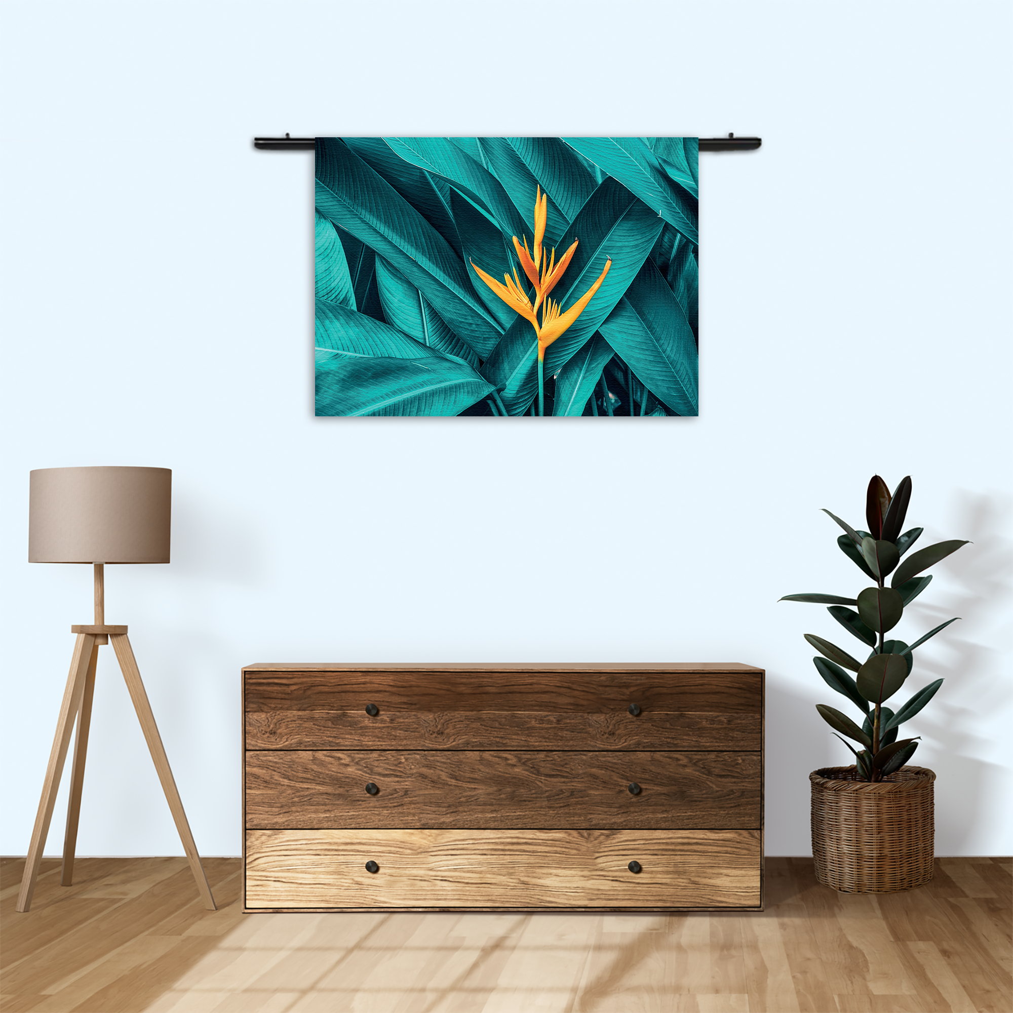 Wandkleed Gele bloem in een blauw bladerdeken Rechthoek Horizontaal Template 50 70 Horizontaal Natuur 91 3 1