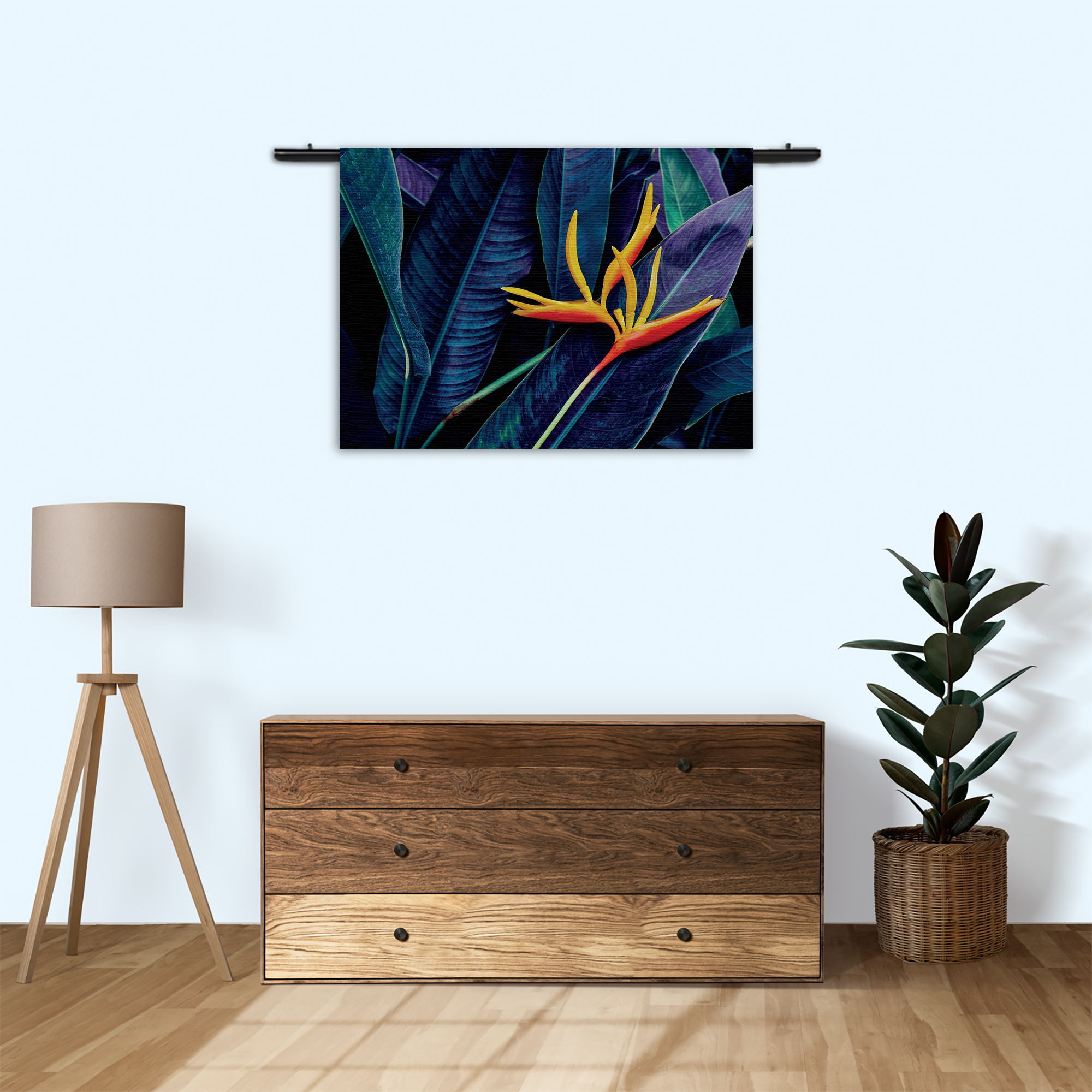 Wandkleed Heliconia bloem op donkere achtergrond Rechthoek Horizontaal Template 50 70 Horizontaal Natuur 95 3 1