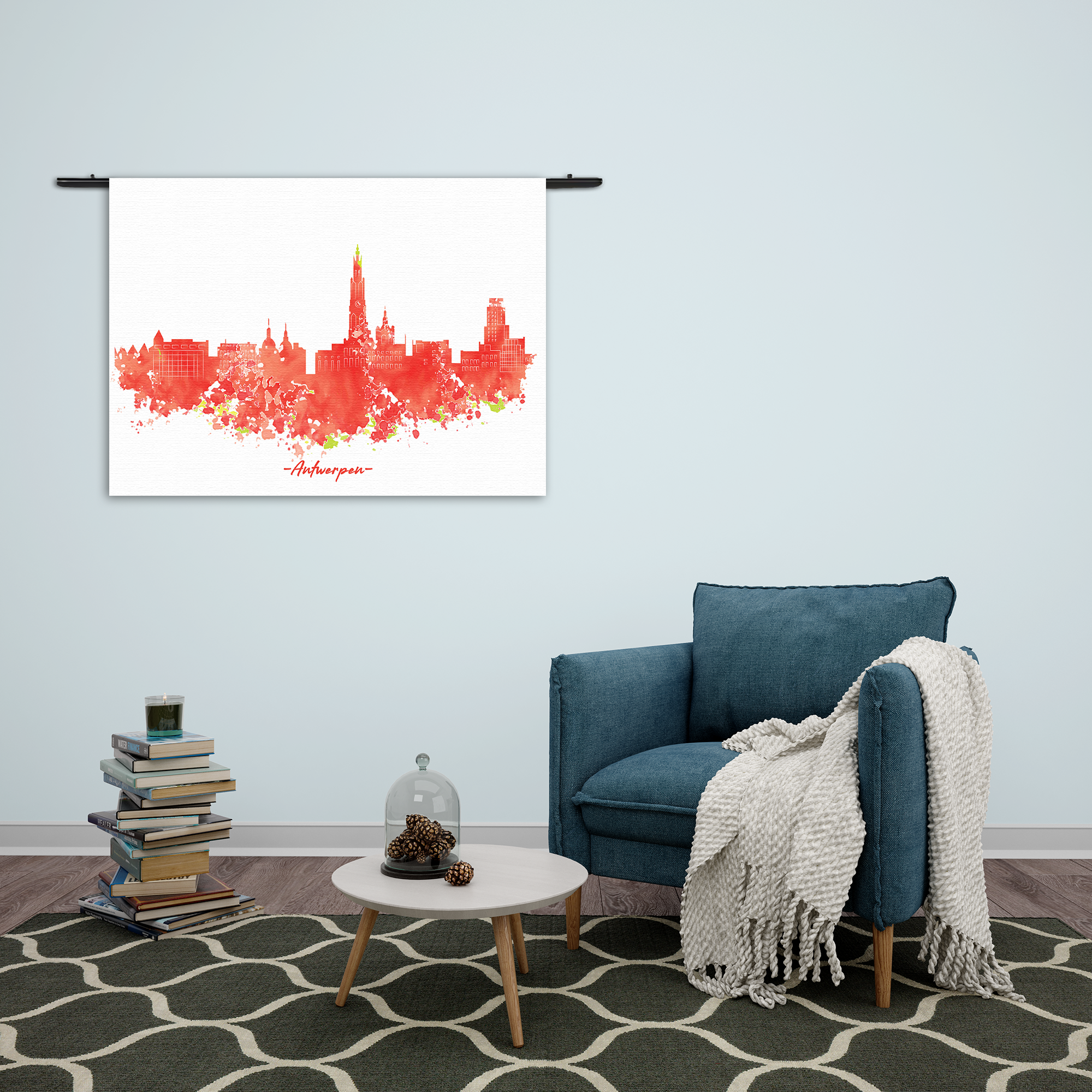 Wandkleed Skyline Antwerpen Watercolor Paint Rechthoek Horizontaal Template 50 70 Horizontaal Steden 2 2 1