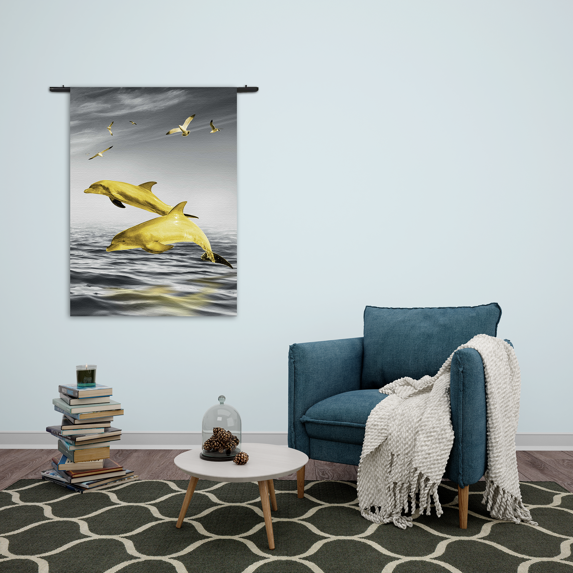 Wandkleed Springende Dolfijnen Goud 01 Rechthoek Verticaal Template 50 70 Verticaal Dieren 2 2