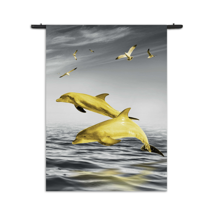 Wandkleed Springende Dolfijnen Goud 01 Rechthoek Verticaal
