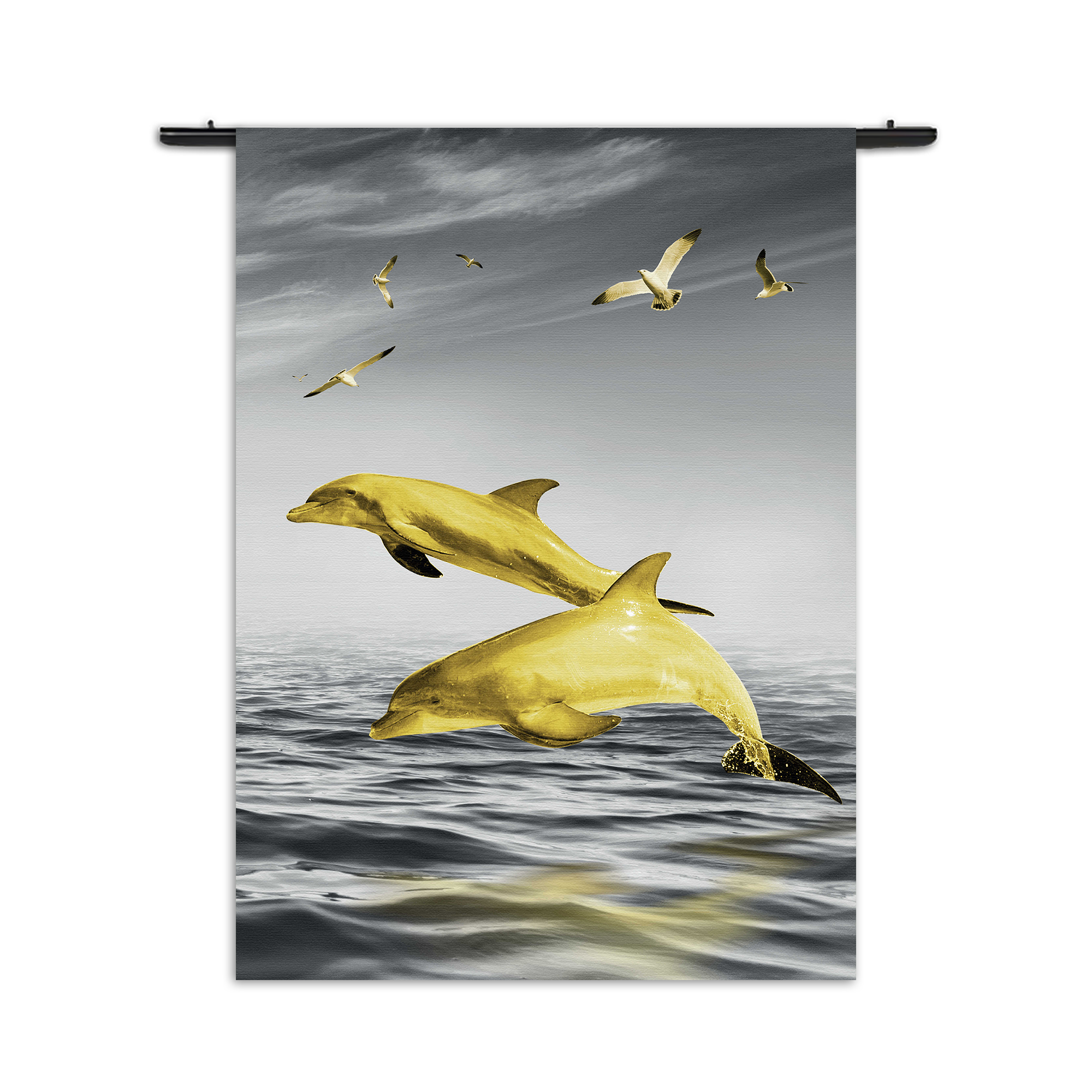 Wandkleed Springende Dolfijnen Goud 01 Rechthoek Verticaal