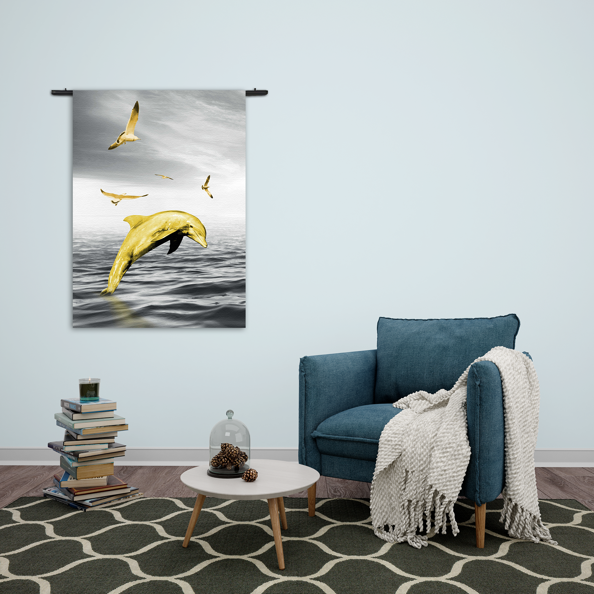 Wandkleed Springende Dolfijnen Goud 02 Rechthoek Verticaal Template 50 70 Verticaal Dieren 3 2