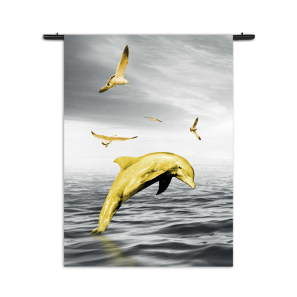 Wandkleed Springende Dolfijnen Goud 02 Rechthoek Verticaal