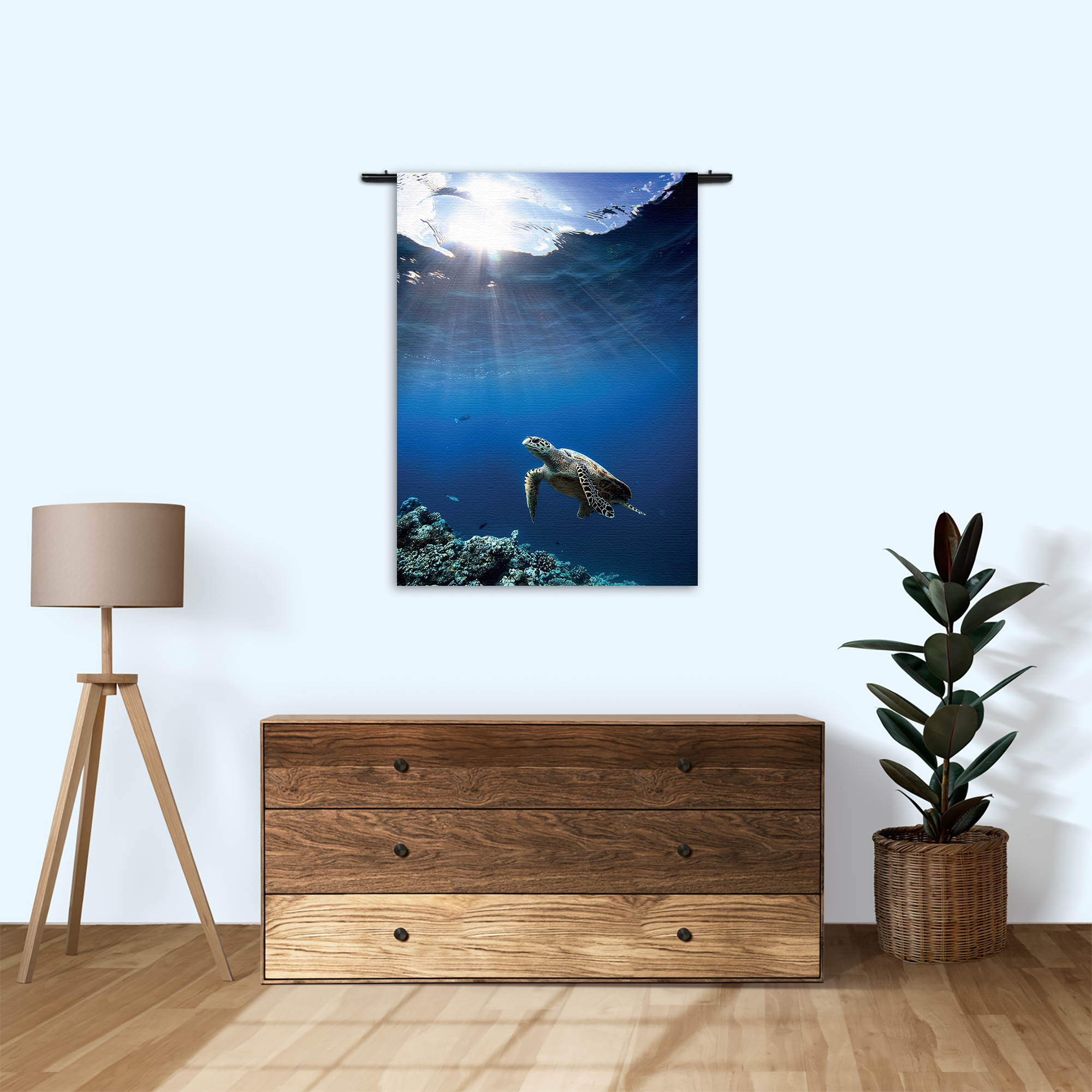 Wandkleed Zeeschildpad In Helderblauw Water 03 Rechthoek Verticaal Template 50 70 Verticaal Dieren 30 1