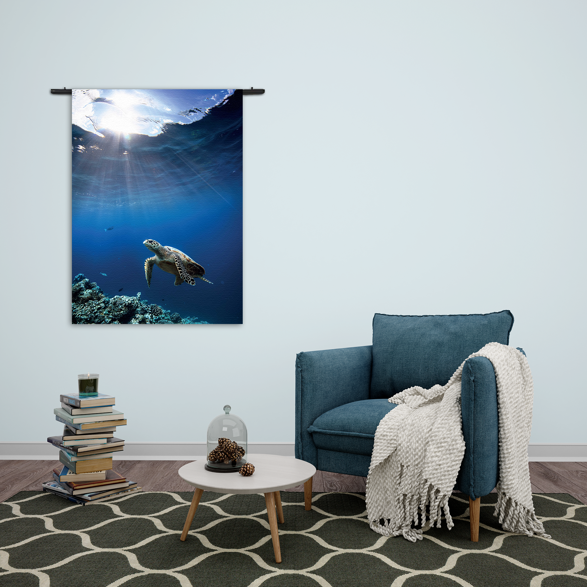 Wandkleed Zeeschildpad In Helderblauw Water 03 Rechthoek Verticaal Template 50 70 Verticaal Dieren 30 2