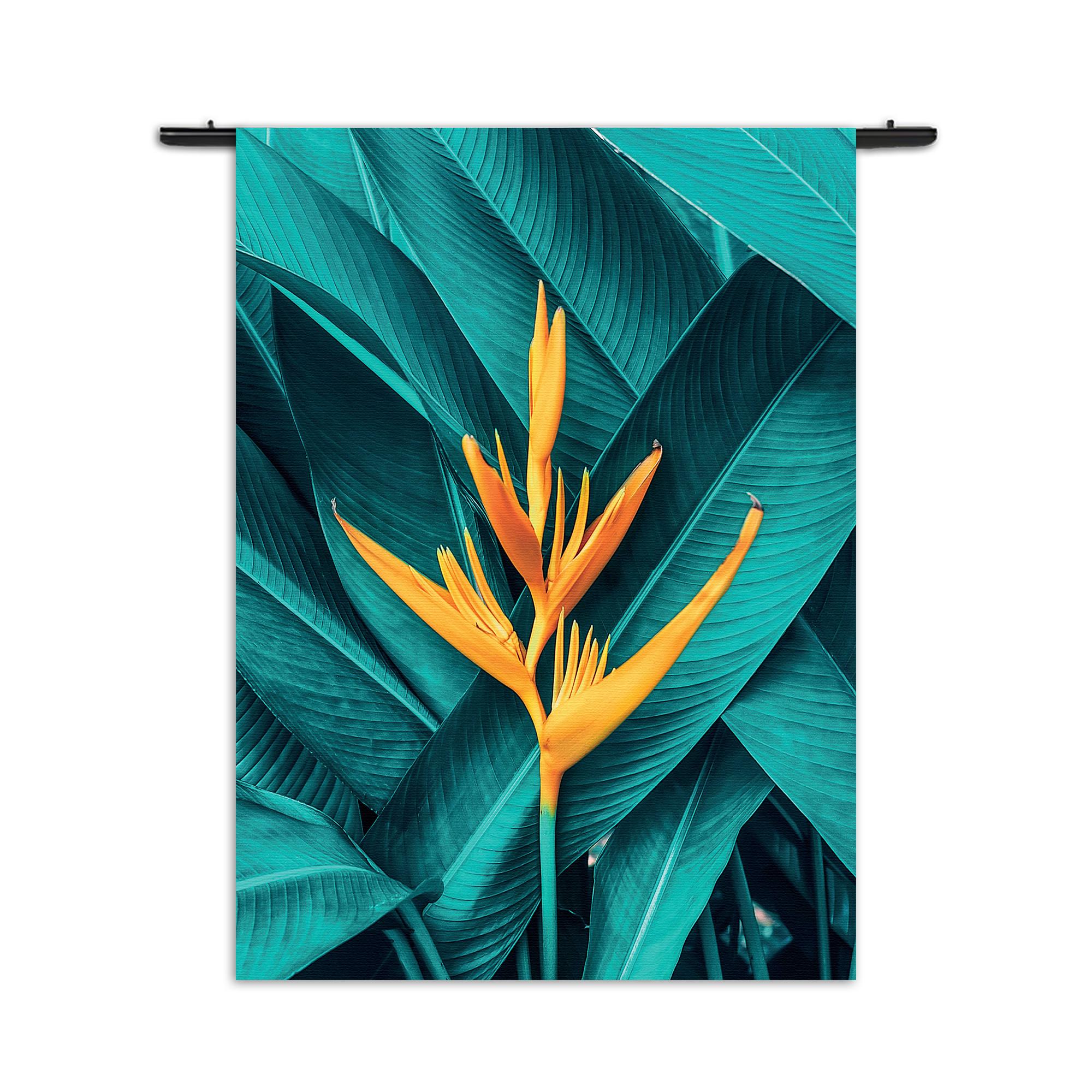 Wandkleed Gele bloem in een blauw bladerdeken Rechthoek Verticaal