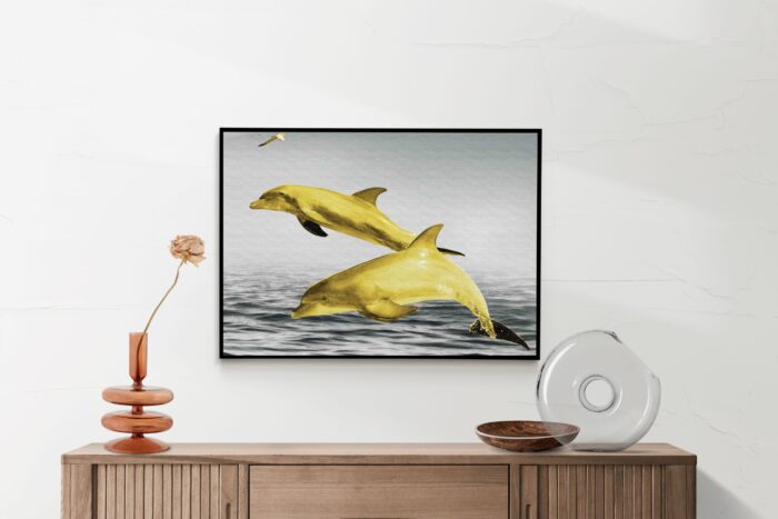 Akoestisch Schilderij Springende Dolfijnen Goud 01 Rechthoek Horizontaal Template 50 70 horizontaal dieren 2 2 scaled 1