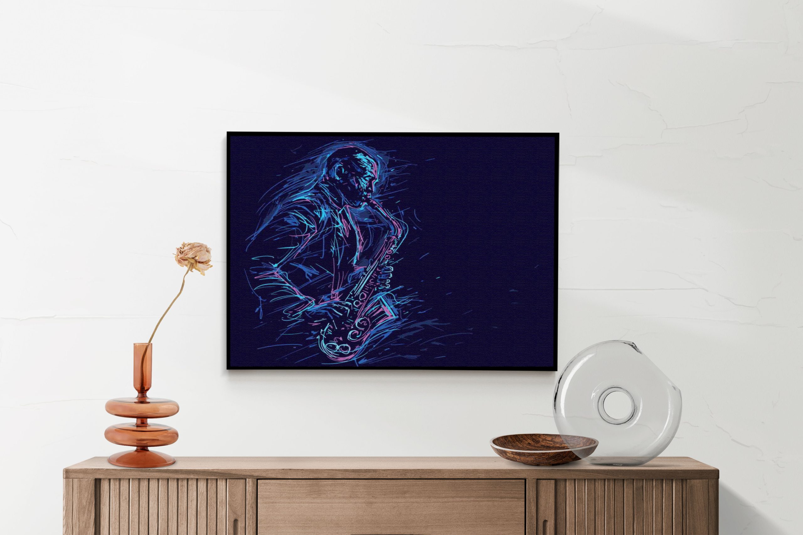 Akoestisch Schilderij Kleurrijke Saxofonist 02 Rechthoek Horizontaal Template 50 70 horizontaal muziek 15 1 scaled 1