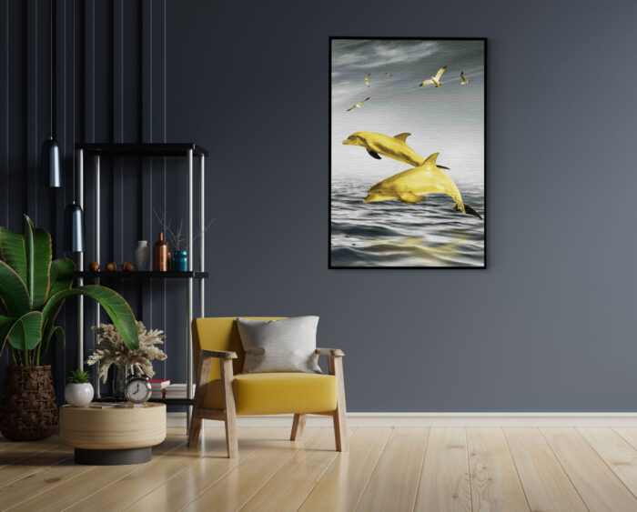 Akoestisch Schilderij Springende Dolfijnen Goud 01 Rechthoek Verticaal Template 50 70 verticaal dieren 2 1 scaled 1