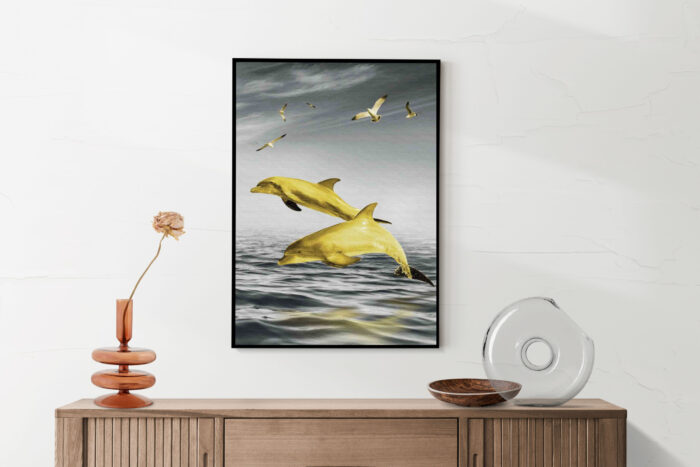 Akoestisch Schilderij Springende Dolfijnen Goud 01 Rechthoek Verticaal Template 50 70 verticaal dieren 2 2 scaled 1
