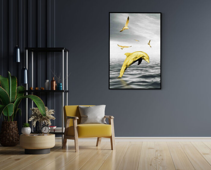 Akoestisch Schilderij Springende Dolfijnen Goud 02 Rechthoek Verticaal Template 50 70 verticaal dieren 3 1 scaled 1