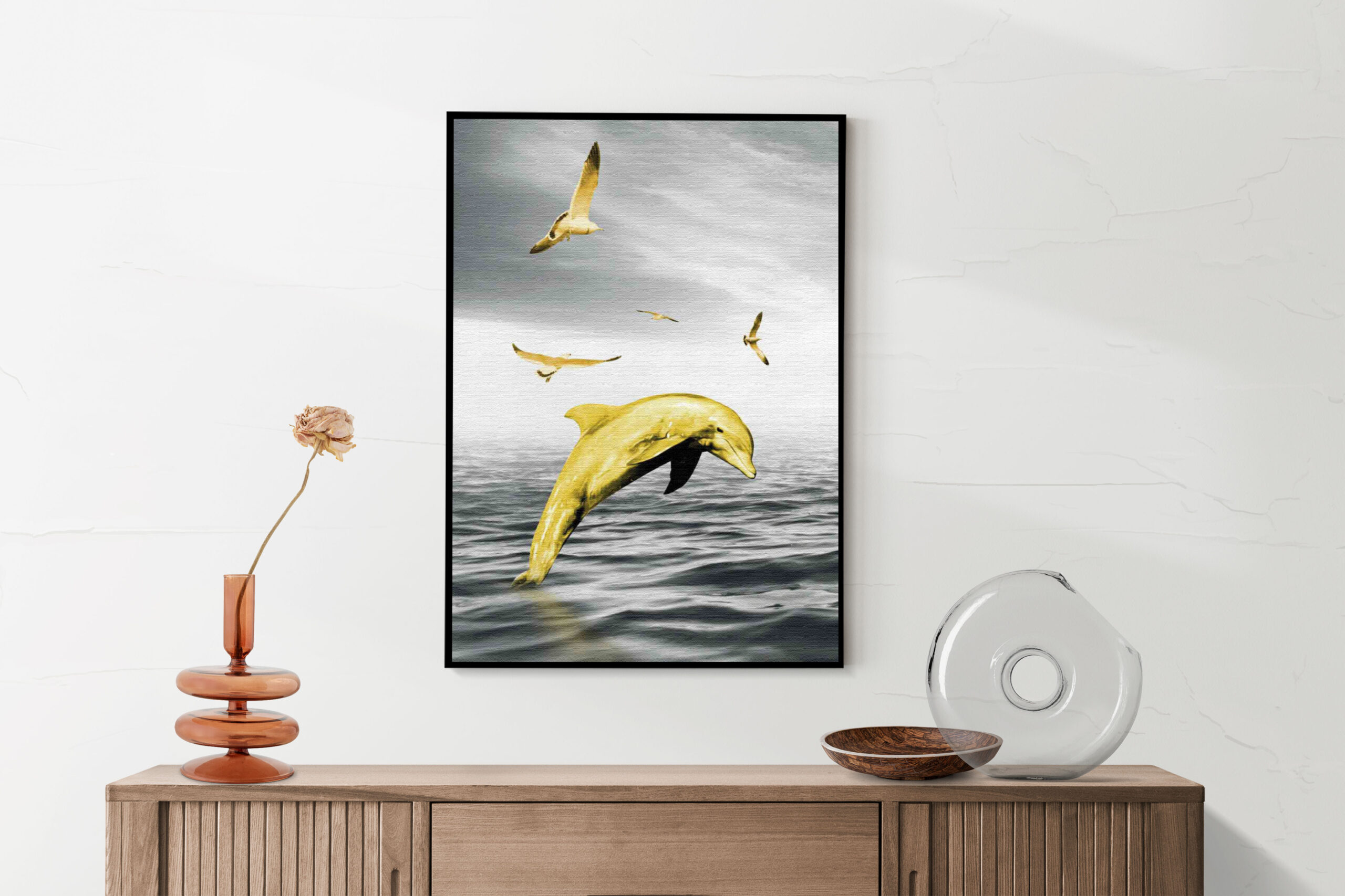 Akoestisch Schilderij Springende Dolfijnen Goud 01 Rechthoek Verticaal Template 50 70 verticaal dieren 3 2 scaled 1