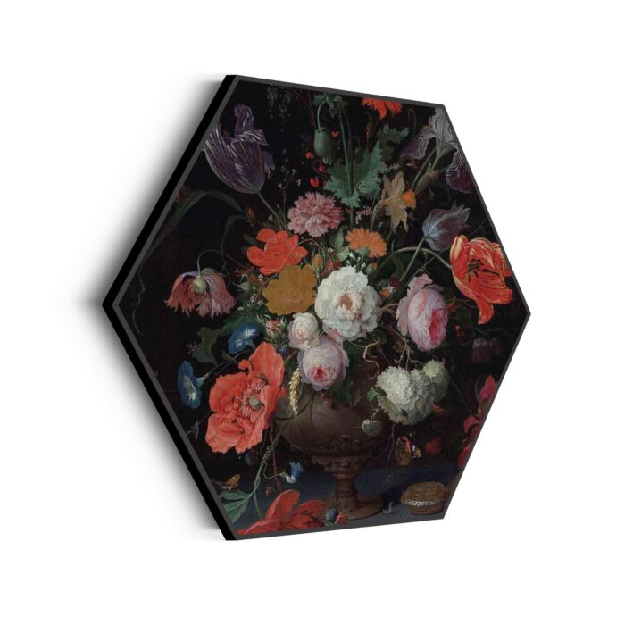 Akoestisch Schilderij Abraham Mignon Stilleven met bloemen en een horloge 1660-1679 Hexagon Template Hexagon OM 26 scaled 1