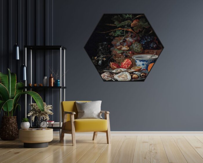 Akoestisch Schilderij Abraham Mignon Stilleven met vruchten, oesters en een porseleinen kom 1660-1679 Hexagon Template Hexagon OM 28 1 scaled 1