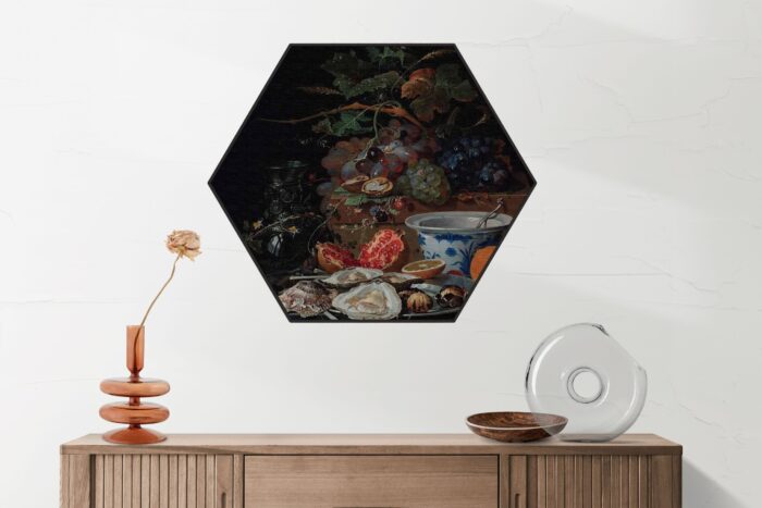 Akoestisch Schilderij Abraham Mignon Stilleven met vruchten, oesters en een porseleinen kom 1660-1679 Hexagon Template Hexagon OM 28 2 scaled 1