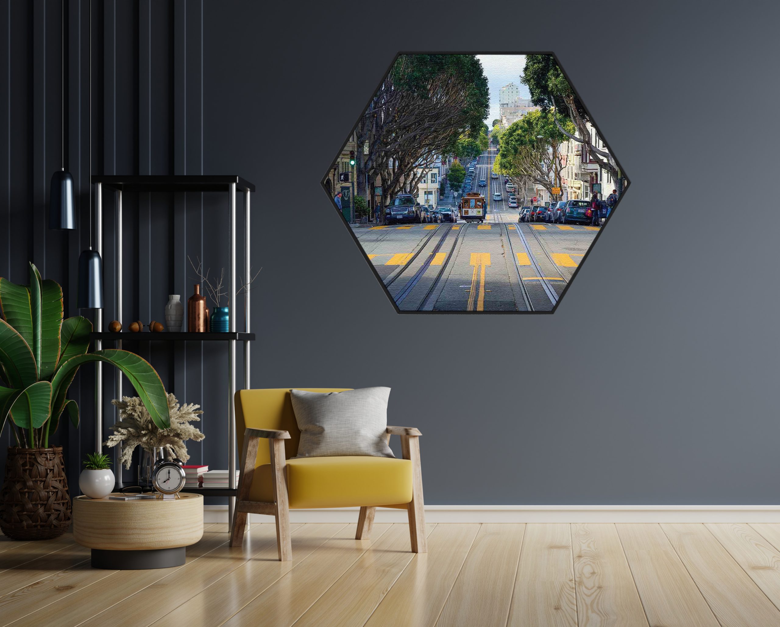 Akoestisch Schilderij San Francisco Tram Hexagon Template Hexagon Steden 44 1 scaled 1