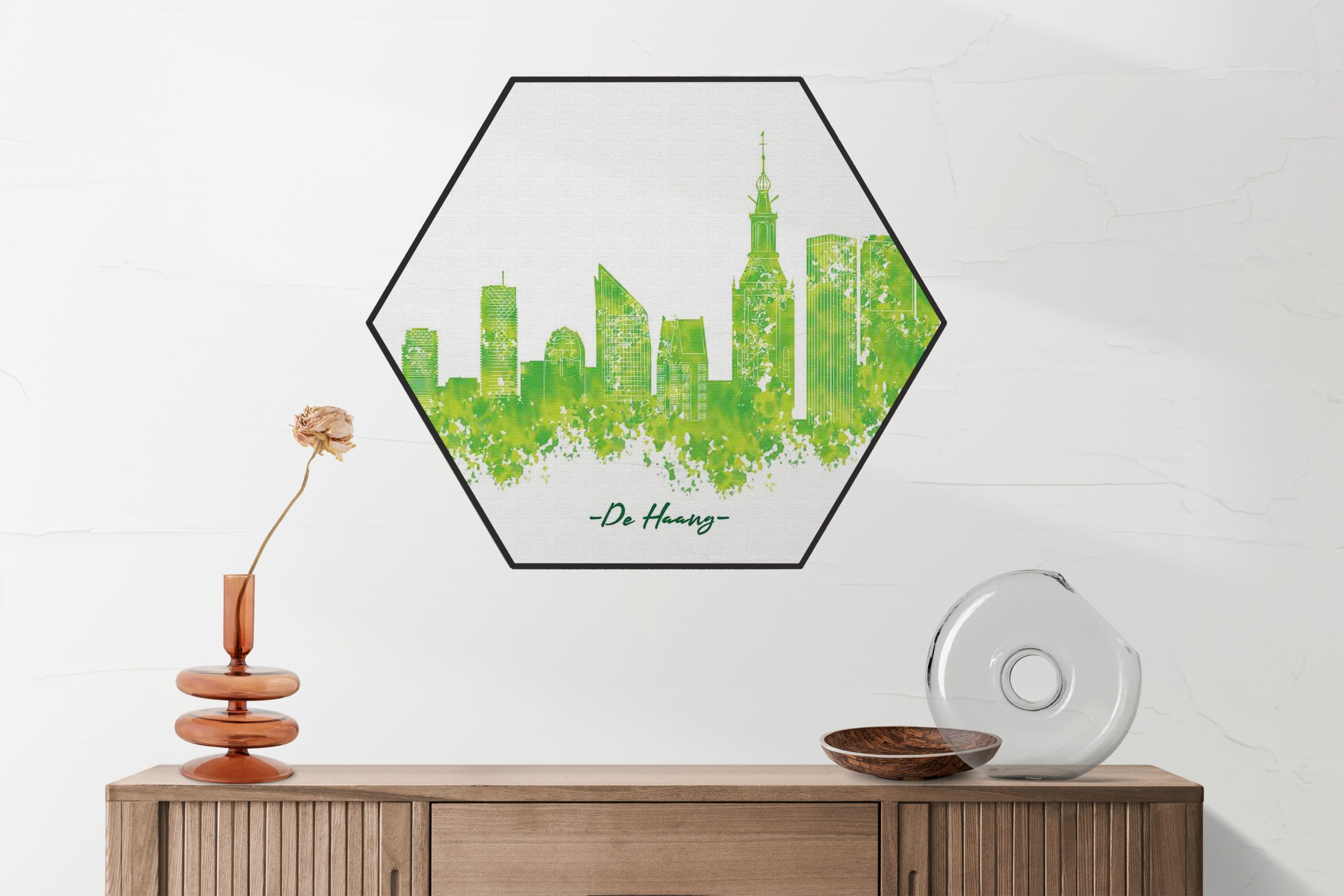 Akoestisch Schilderij Skyline Den Haag Watercolor Paint Hexagon Template Hexagon Steden 5 1 scaled 1