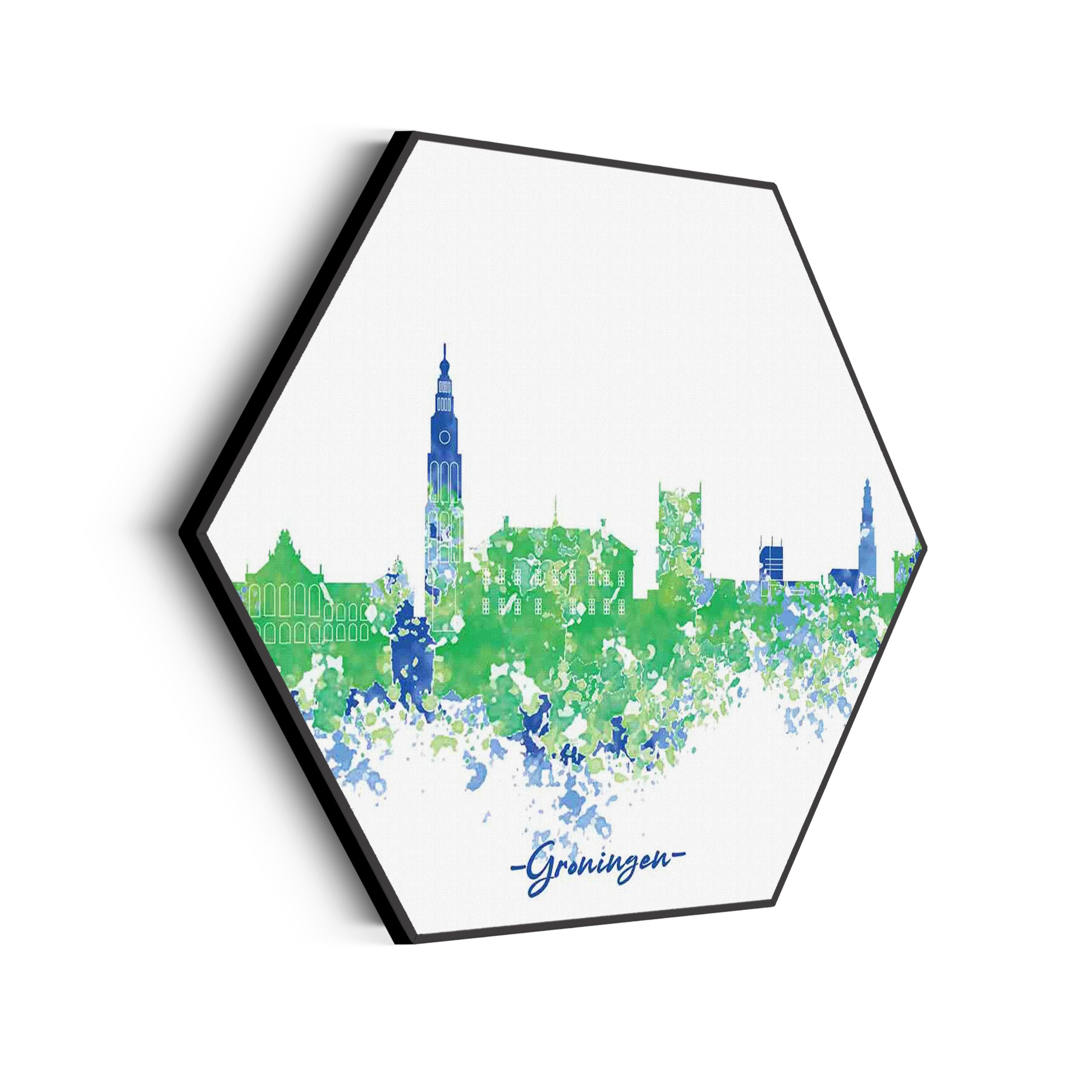 Akoestisch Schilderij Skyline Groningen Watercolor Paint Hexagon Template Hexagon Steden 8 scaled 1