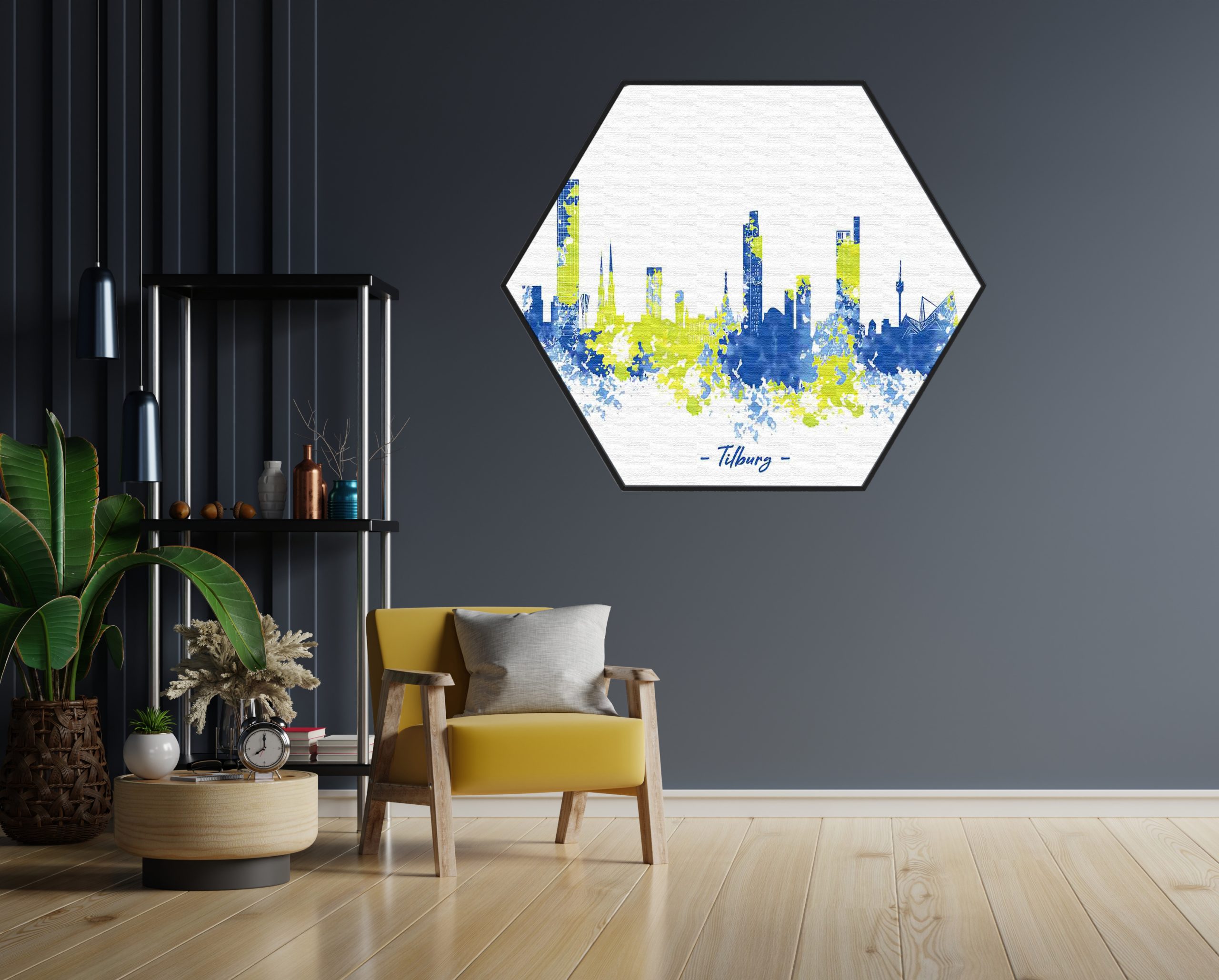 Akoestisch Schilderij Skyline Tilburg Watercolor Paint Hexagon Template Hexagon Steden 97 1 scaled 1