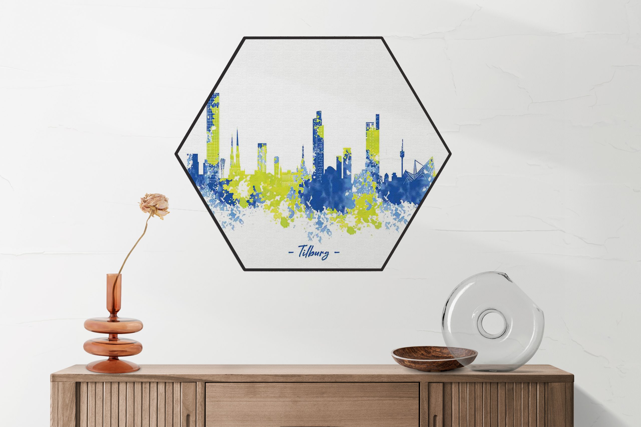 Akoestisch Schilderij Skyline Tilburg Watercolor Paint Hexagon Template Hexagon Steden 97 2 scaled 1