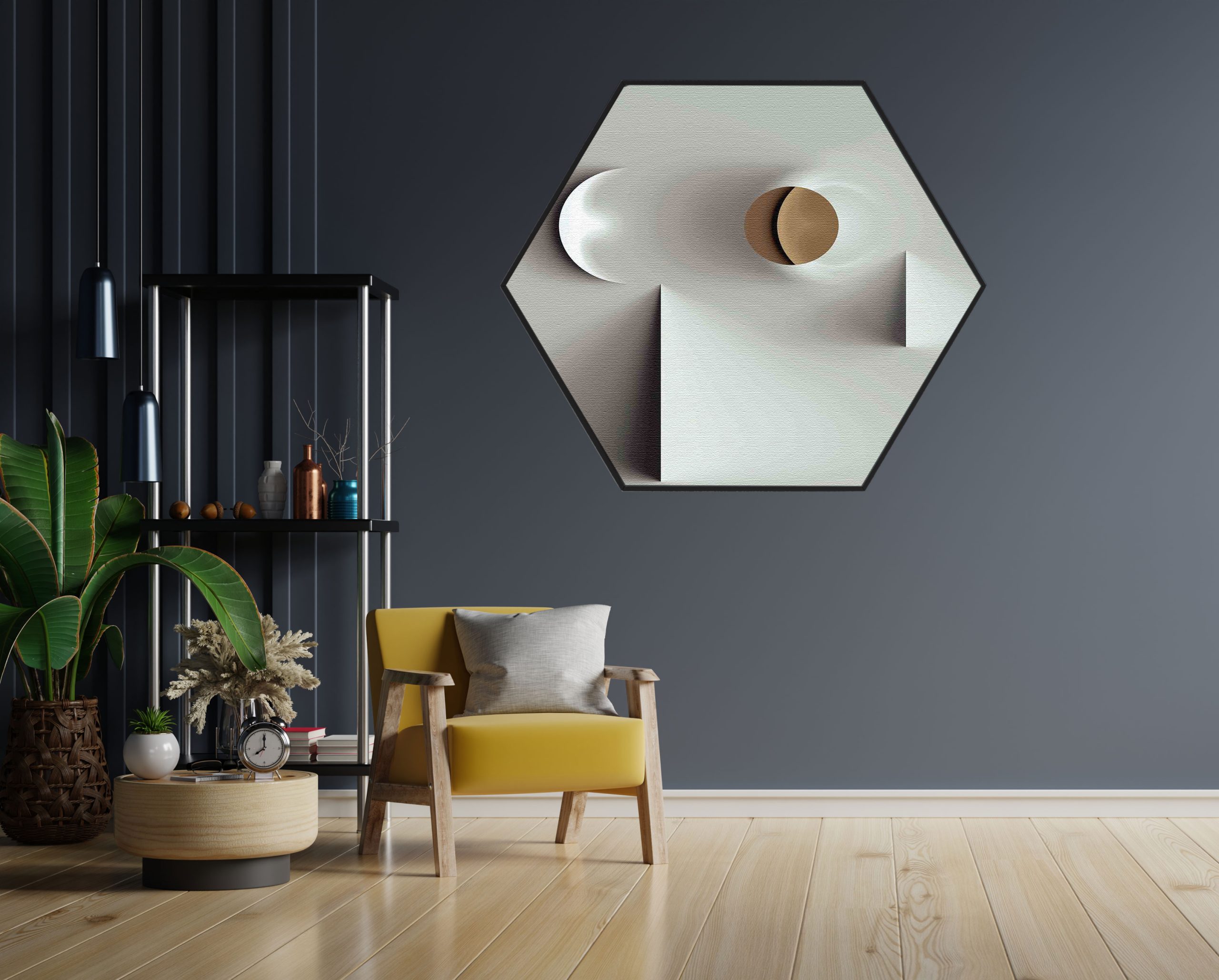 Akoestisch Schilderij Scandinavisch Wit met Goudkleurig Element Hexagon Template Hexagon abstract 01 1 scaled 1