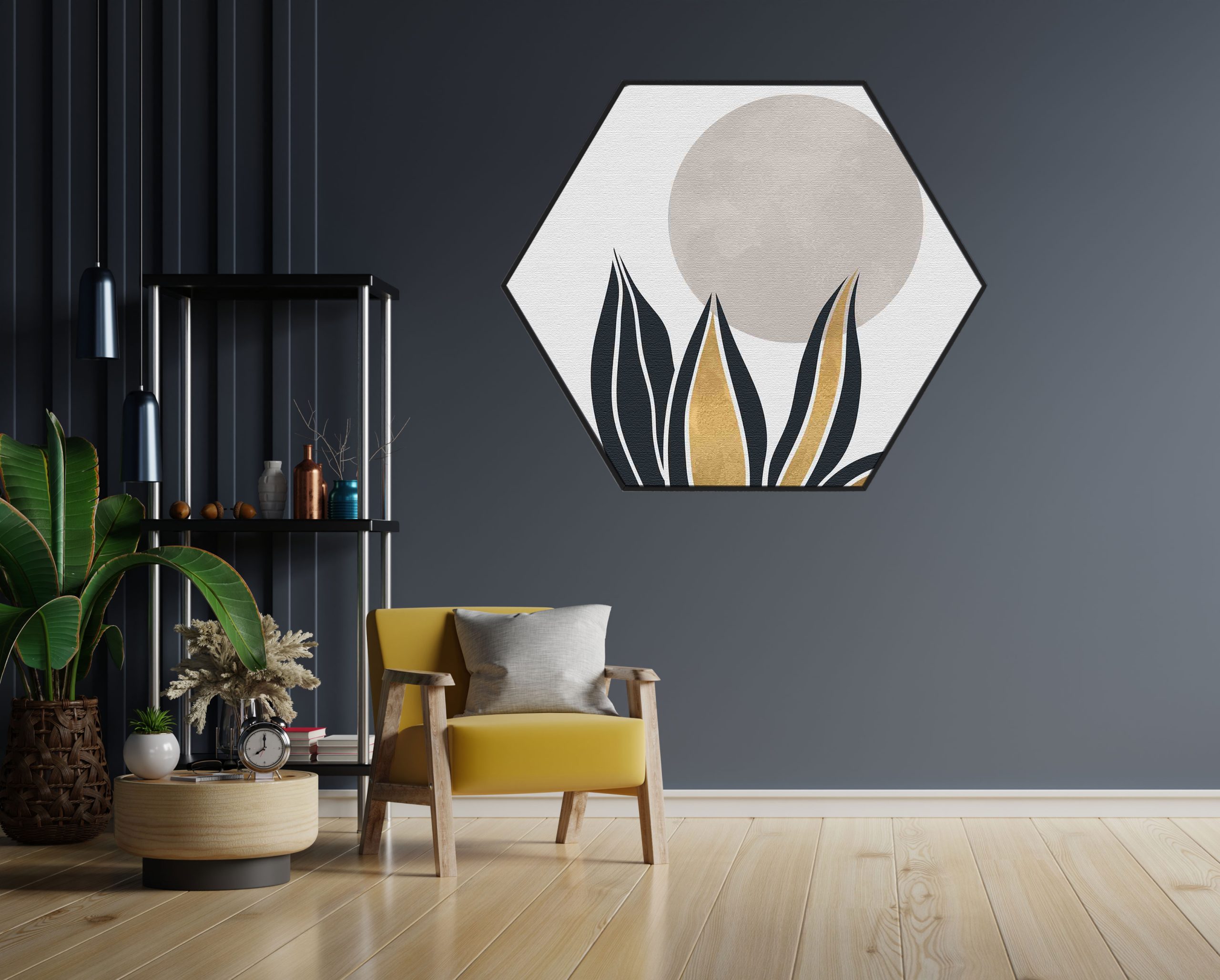 Akoestisch Schilderij Scandinavisch Wit met Goudkleurig Element Hexagon Template Hexagon abstract 04 1 scaled 1