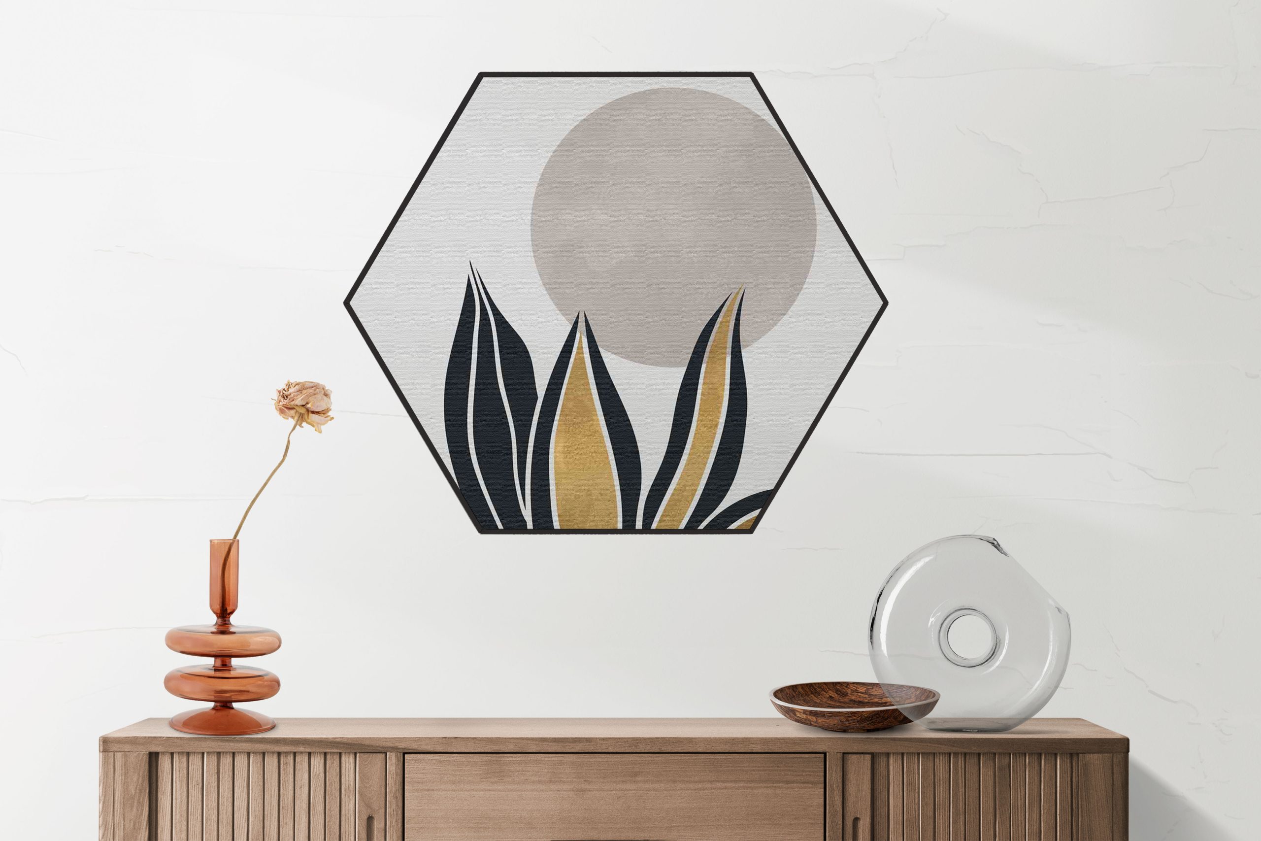 Akoestisch Schilderij Scandinavisch Wit met Goudkleurig Element Hexagon Template Hexagon abstract 04 2 scaled 1