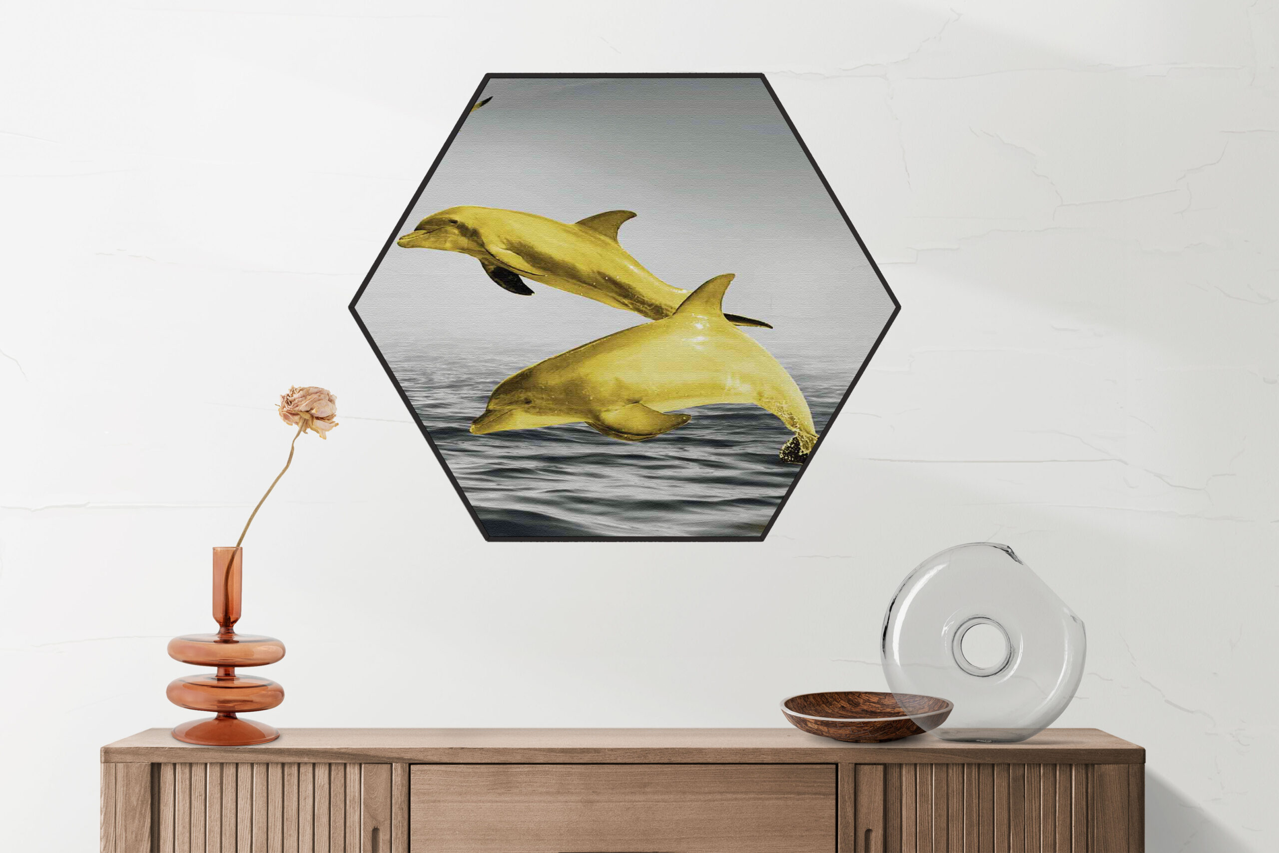 Akoestisch Schilderij Springende Dolfijnen Goud 01 Hexagon Template Hexagon dieren 2 2 scaled 1