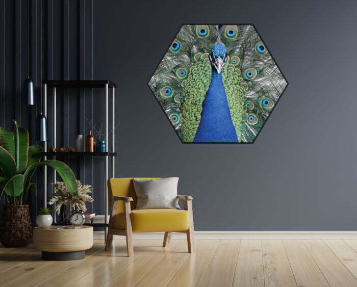 Akoestisch Schilderij Blauwe Pauw Met Groene Verem Hexagon Template Hexagon dieren 20 1 scaled 1