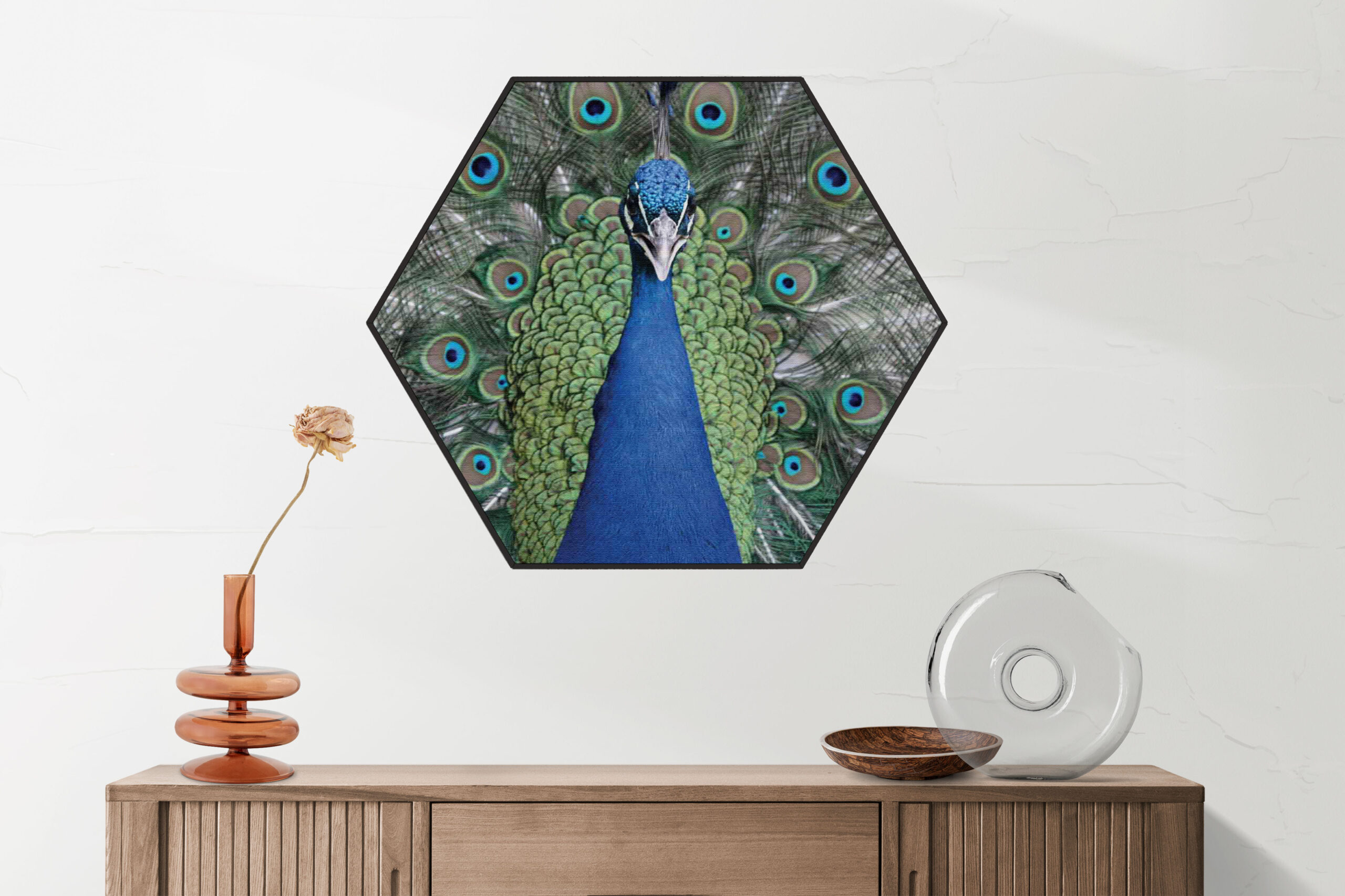 Akoestisch Schilderij Blauwe Pauw Met Groene Verem Hexagon Template Hexagon dieren 20 2 scaled 1